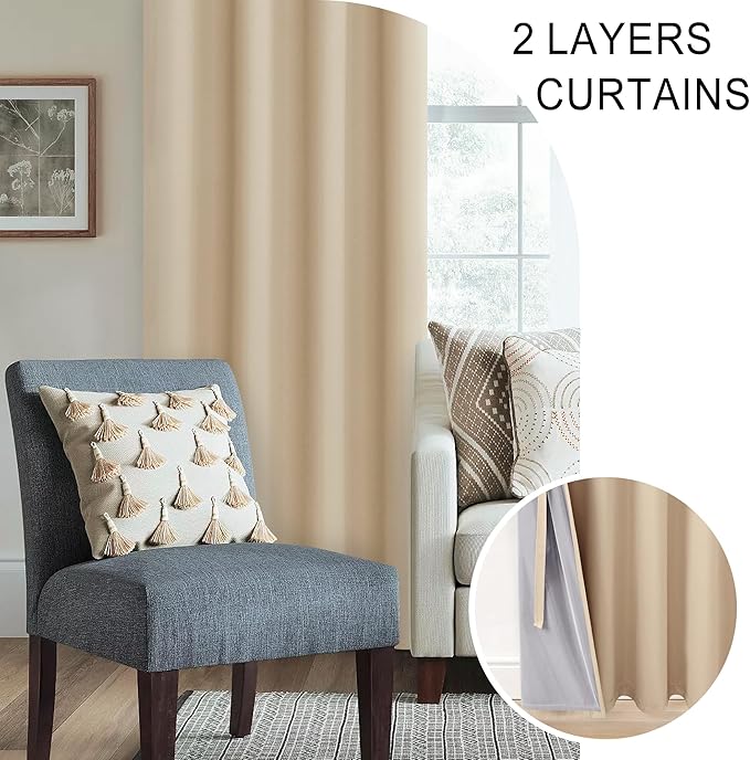 XWZO Full Shading Blackout Curtains 84 Inches Length with Tiebacks- Heat and Light Blocking Ring Top Window Drapes with Black Liner Backing for Bedroom/Kid's Room, Biscotti Beige, W70 x L84, Set of 2