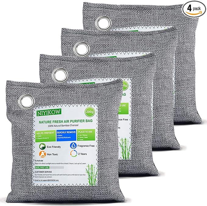 NIYIKOW Charcoal Bags Odor Absorber (Large, 4Pack x 200g), Nature Fresh Bamboo Charcoal Air Purifying Bags, Activated Charcoal Odor Absorber for Home, Car, Closet, Pets, Basement Odor Eliminator -Grey