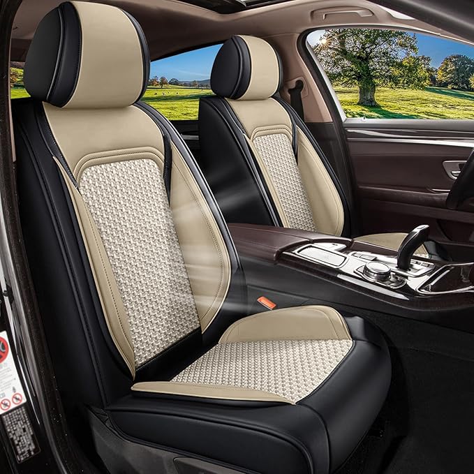 Car Seat Covers Front Seats for Subaru Outback 2010-2025 2026, Breathable Cooling Ice Silk Leather Car Seat Covers, 2 Seats Vehicle Seat Protector Seat Cushion Auto Accessories (Black&Beige)