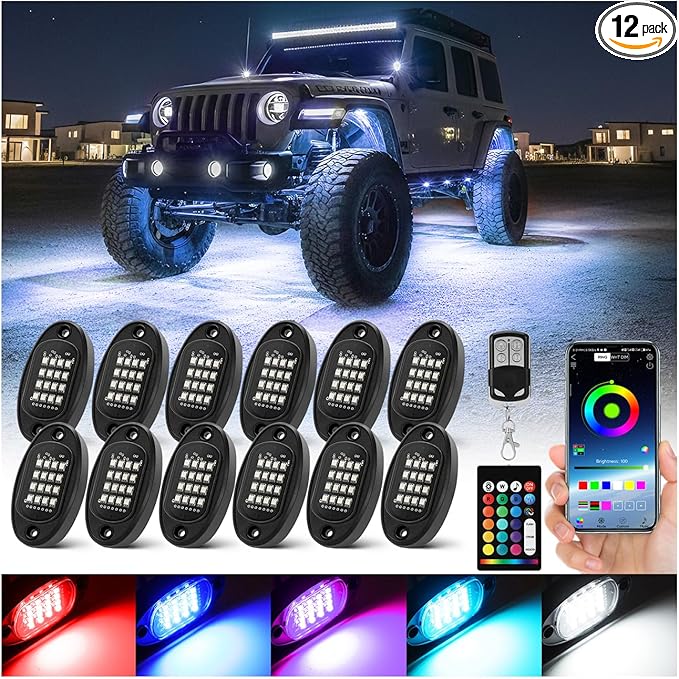 12 Pods RGB LED Rock Lights for Trucks Pickup Offroad Golf Cart SUV UTV, 6500K Super Bright, IP68 Waterproof, Segmented Color Change APP Control Underglow Kit with Power Swith Extension Wires, 12V
