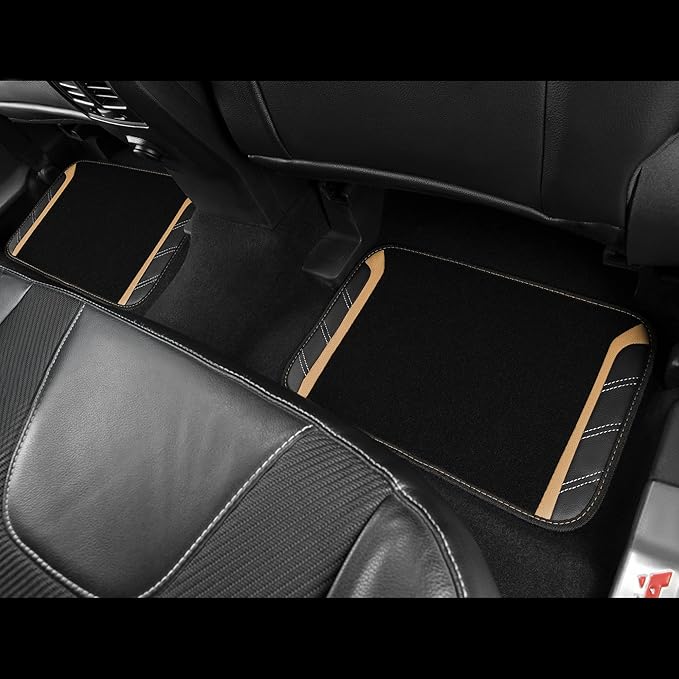 CAR PASS Microfiber Steering Wheel Cover and Waterproof Car Floor Mats,Leather Universal Car Combo Fit for 95% Truck,SUV,Cars,14.5-15inch Sporty Anti-Slip Safety Comfortable Design(Black and Beige)