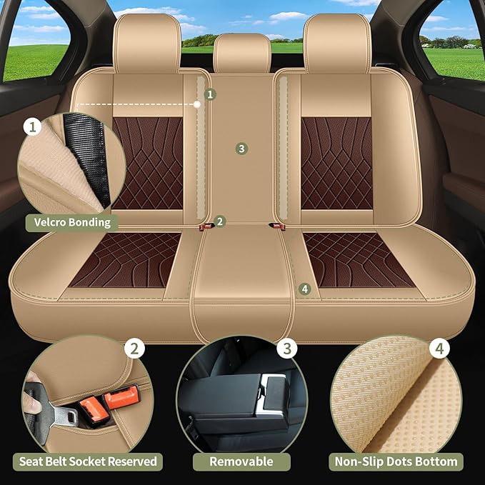 Breathable Car Seat Covers for Honda Pilot 2016 2015 2014 2013 2012 2011 2010 2009 2008 2007 2006 2005, Perforated Leather Full Set 5 Seats, for Honda Pilot Accessories (Beige&Brown)