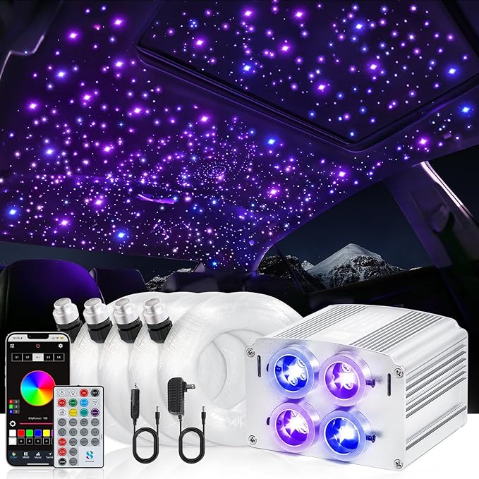 4 Colors 32W Twinkle Car Starlight Headliner Kit 1000pcs*0.03in*13.1ft with APP&RF Remote,RGBW Fiber Optic Strands Star Roof Lights,4 Port Engine Sound Activated Ceiling Star Lights for Home/Car Decor