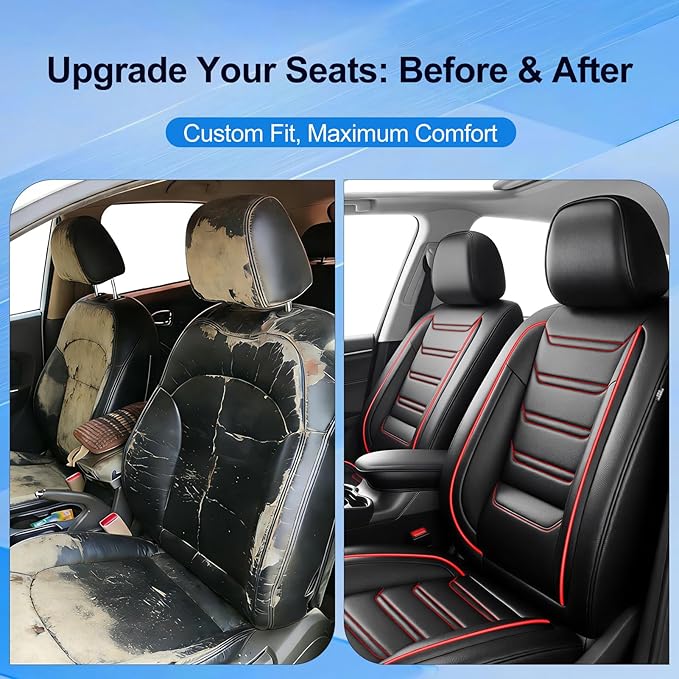 Fit Trax Car Seat Covers (Front Pair) for Chevrolet/Chevy Trax 2015-2026 - Luxury Full Coverage Leather, Waterproof & All Weather Seat Cushion Protector, Airbag Compatible, Black with Red Trim