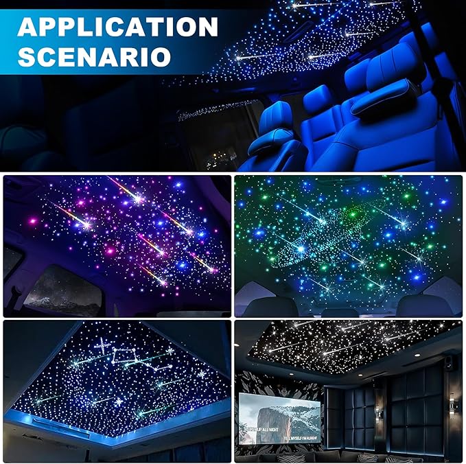 Car Starlight Headliner Kit, 4 Colors 32W Twinkle & Meteor Fiber Optic Ceiling Lights, 2 in 1 Light Engine 900pcs*0.03in*13.1ft+240 RGBW Shooting Stars Lights for Car Roof Décor