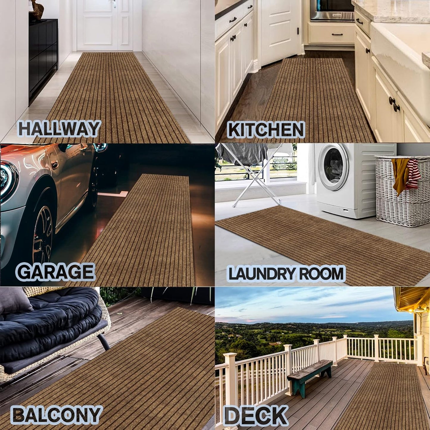 Custom Size Backed Non-Slip Area Rugs Runner, Easy Clean, Waterproof Runner Rugs for Hallway Entryway, Kitchen, Laundry, 4FT x 15FT, Brown Stripe