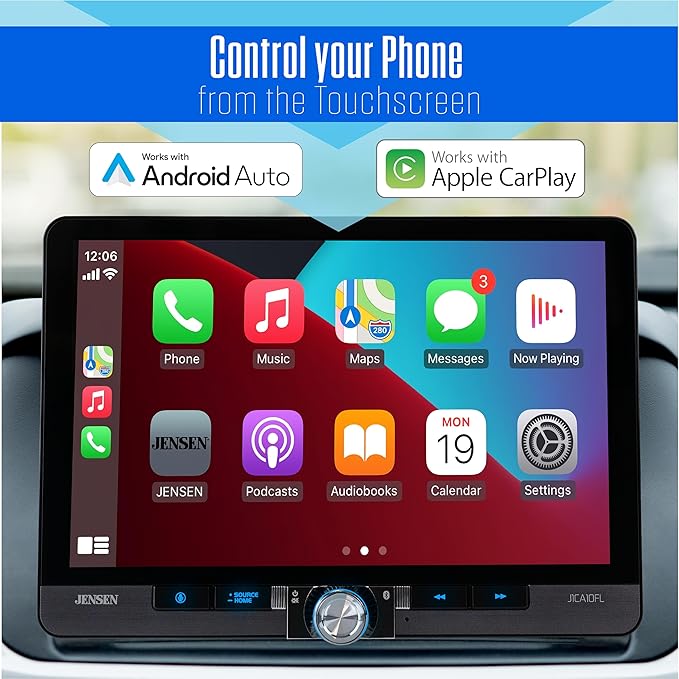Jensen J1CA10FL-BUC 10.1-inch Certified Apple CarPlay Android Auto Wired or Wireless | Single DIN and Double DIN Touchscreen Car Stereo Radio | Bluetooth | USB Charge | Backup Camera Included