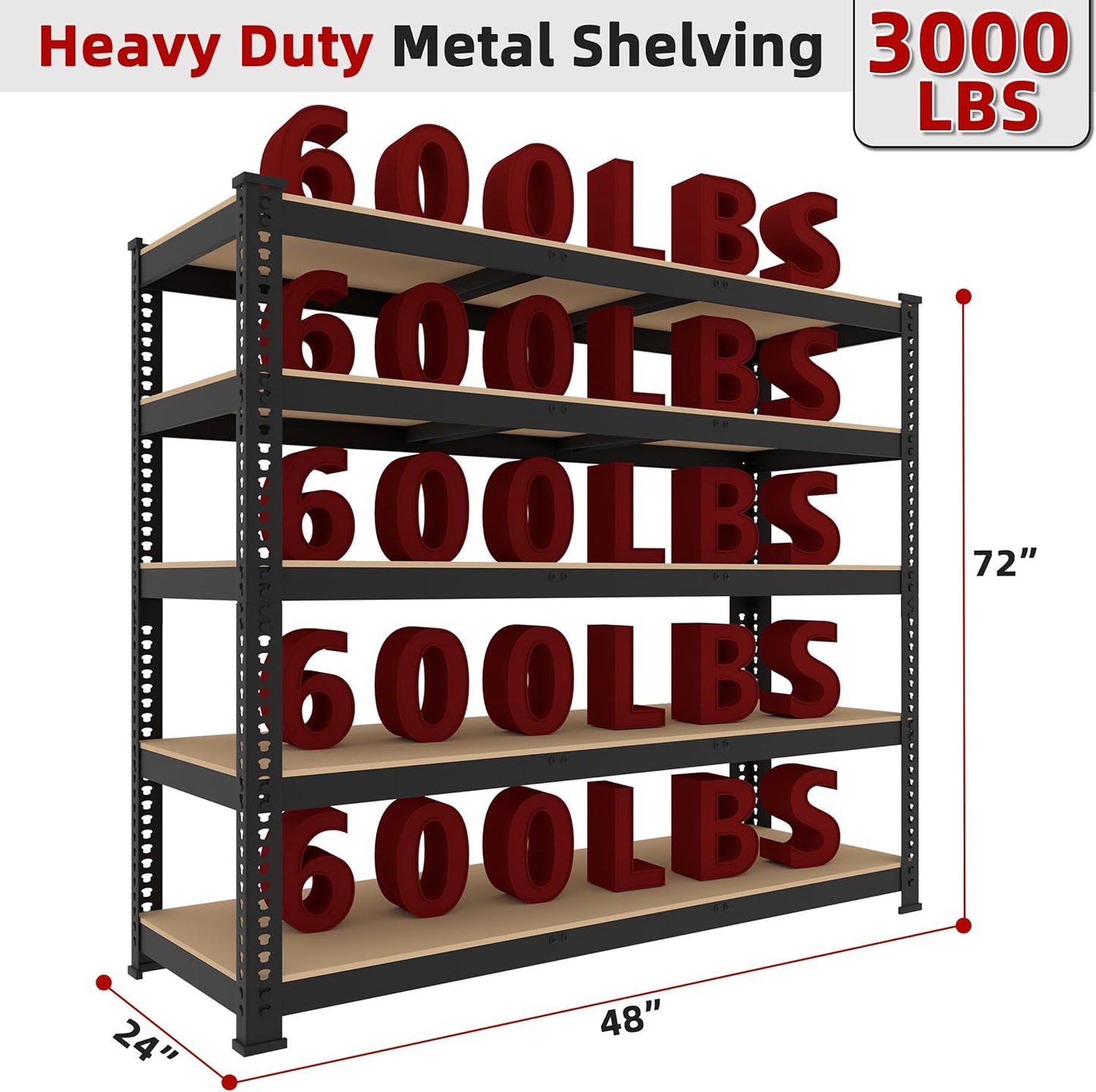 6 Packs 48" W x 24" D x 72" H Adjustable Garage Storage Shelves - 5-Shelf Heavy Duty Shelving Unit, Metal Utility Storage Organizer Racks for Warehouse Pantry Closet Kitchen, Black