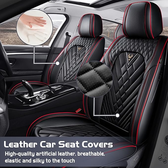 Truck Seat Covers for Ford F150 2009-2026, Waterproof Premium Leather Full Coverage Car Seat Covers, Muscle Sport Style Auto Interior Seat Cover Sets (Full Set/Black Red)