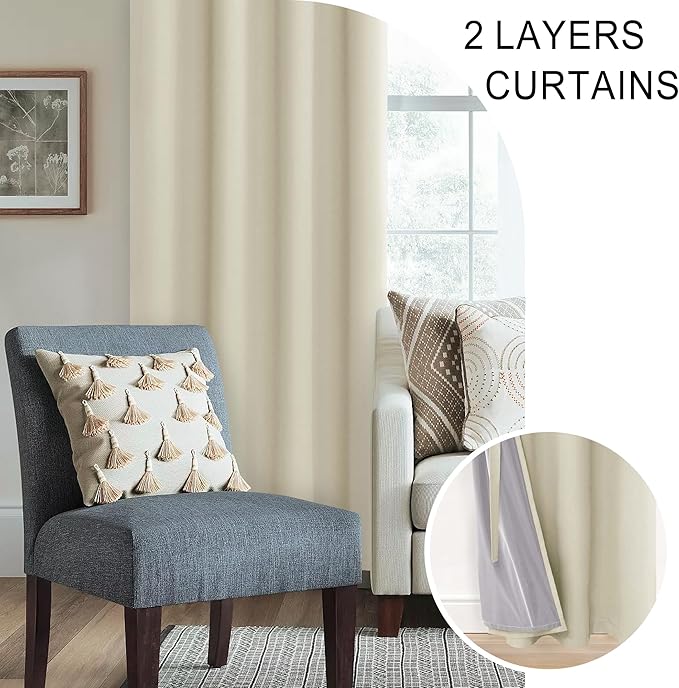 XWZO 100% Blackout Curtains 63 Inches Long with Tiebacks- Heat and Full Light Blocking, Thermal Insulated Window Panels with Grommets for Bedroom/Nursery, Beige, W38 x L63, Set of 2 Draperies