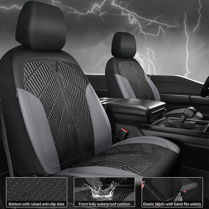 CAR PASS Waterproof Black Gray Car Seat Covers Front Seat Covers Neoprene Wetsuit,All-Weather Non-Slip Durable,Universal Fit for SUV Sedans Trucks Van Automotive,Airbag Compatible,3D Emboss Black Gray