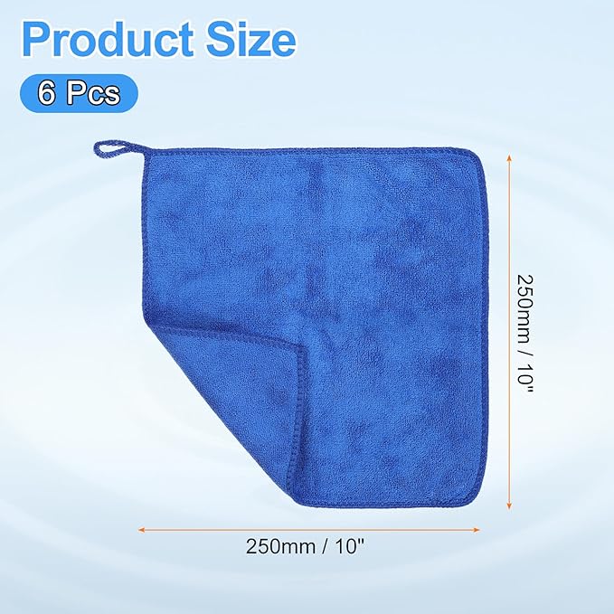 HARFINGTON 6 Pack Microfiber Cleaning Cloth, 10" x 10" Multi-Functional Cleaning Towels Reusable Absorbent Rags with Hook for Car Wash Kitchen Household Window Clean, Sapphire Blue