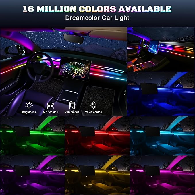 Dreamcolor Acrylic Interior Car LED Strip Light with USB/Type C/4-Port Cigarette Lighter, RGB 2 in 1 with 110.2 inches LEDs Ambient Lighting Kits, Sound Active Function Neon Led Strips for Car