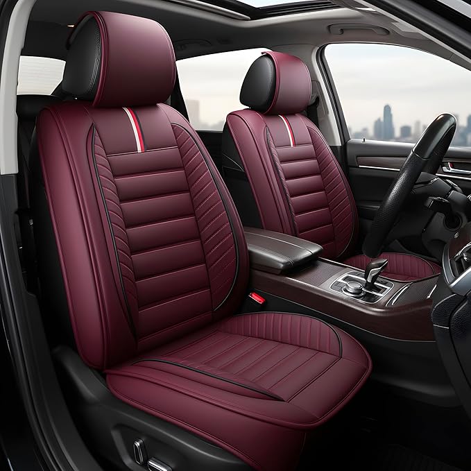 OASIS AUTO Car Seat Covers Full Set Premium Waterproof Faux Leather Cushion Universal Accessories Fit SUV Truck Sedan Automotive Vehicle Auto Interior Protector (OS-001 Burgundy)