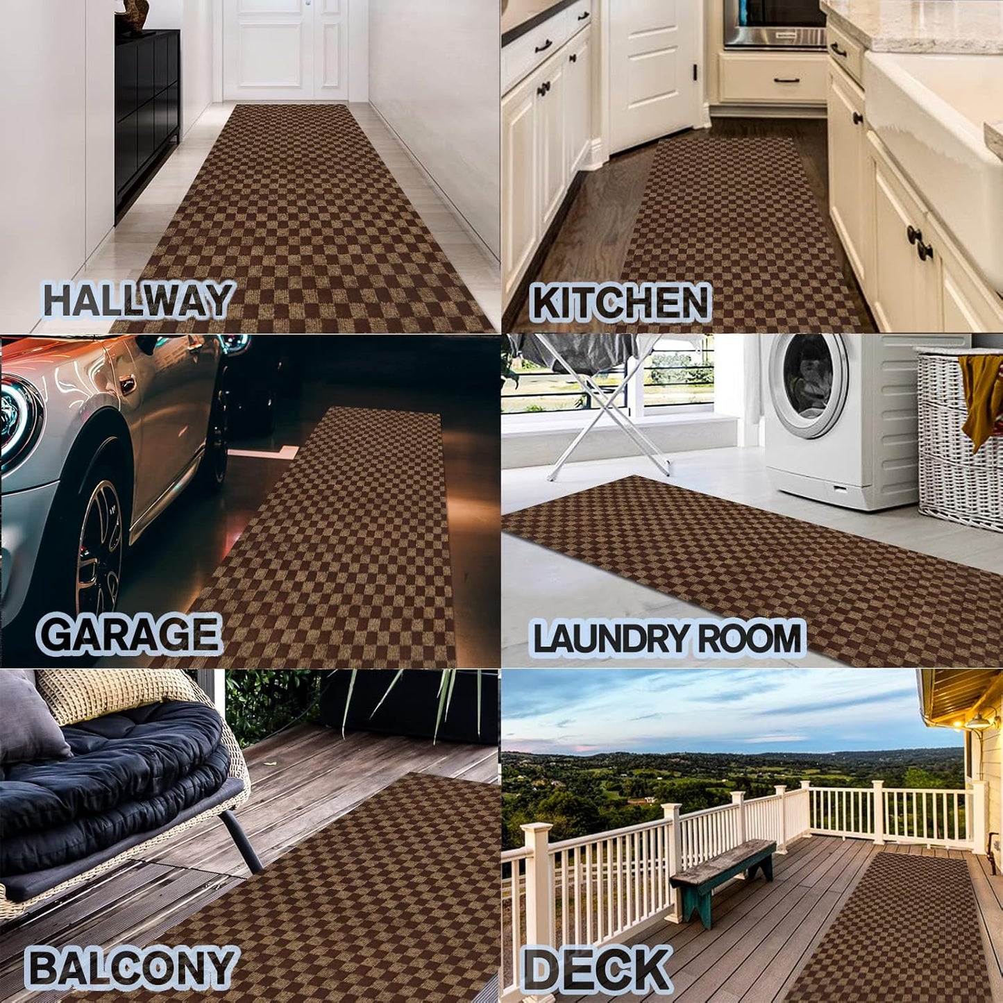 Custom Size Backed Non-Slip Area Rugs Runner, Easy Clean, Waterproof Runner Rugs for Hallway Entryway, Kitchen, Laundry, 2FT x 65FT, Brown Checkered