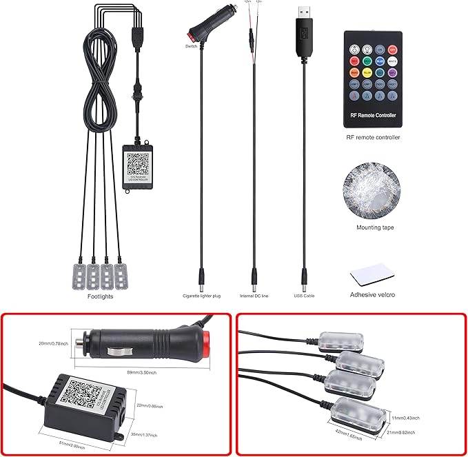 Car Ambient Lighting 64 Colors Multicoloured Music Footwell Lighting RF Remote Controller + APP Control Car DIY Decorative Atmosphere Lighting Kit DC 12V 1W