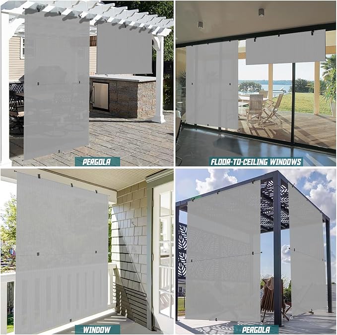 Bynbbur 4'W x 13'H Outdoor Patio Shades Foldable Roller Blinds, 220 GSM Sun Shade Roll Up Porch Screens Exterior Shade Cloth for Deck Pergola Backyard, Light Gray