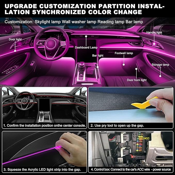 Acrylic Interior Car LED Strip Light with Wireless APP, RGB 14 in 1 with 175 inches 600 LEDs Fiber Optic Strip Lights for Car, Dynamic Chasing Sound Active Neon Car Ambient Lighting Kits