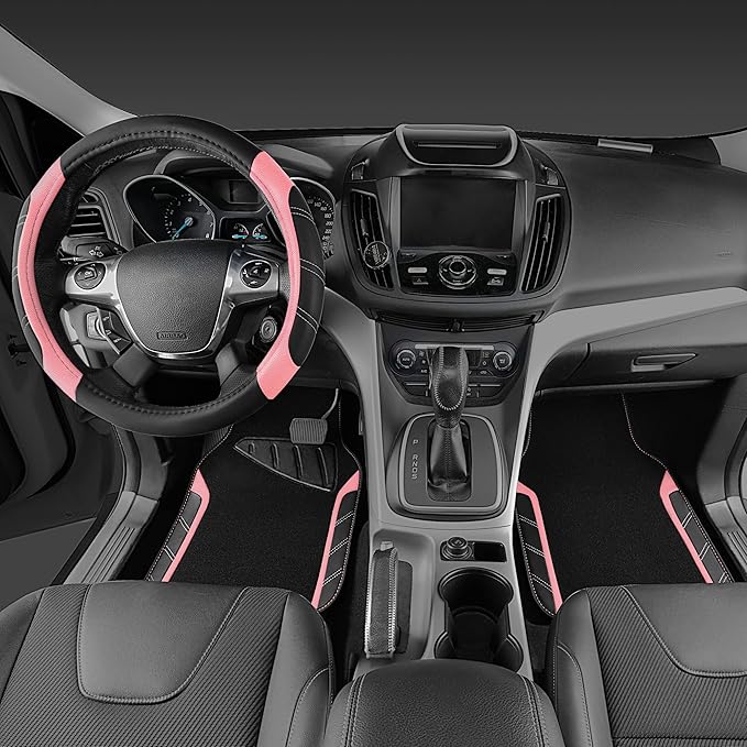 CAR PASS Microfiber Steering Wheel Cover and Waterproof Car Floor Mats,Leather Universal Car Combo Fit for 95% Truck,SUV,Cars,14.5-15inch Sporty Anti-Slip Safety Comfortable Design(Black and Pink)