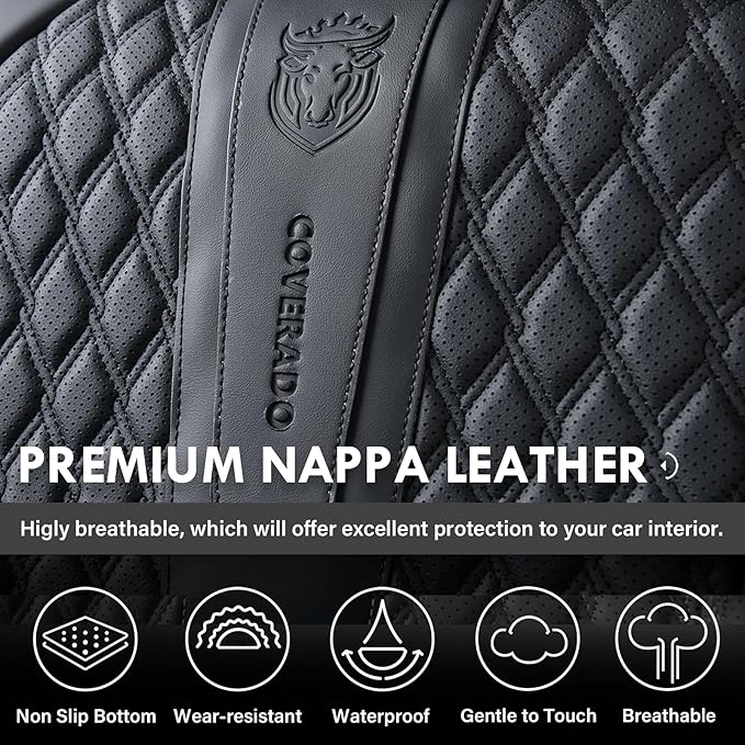 Coverado Car Seat Covers Full Set, Black Seat Covers for Car with Lumbar Support, Nappa Leather Seat Covers Waterproof Car Seat Protectors Universal Fit for Most Cars SUV Trucks