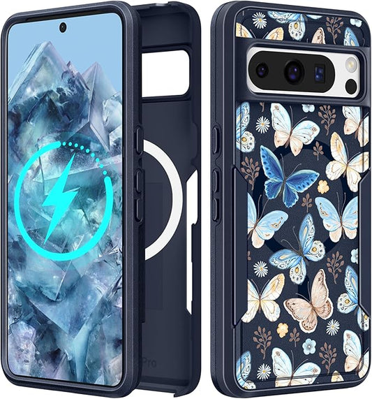 for Google Pixel 8 Pro Case - Compatible with MagSafe Women Girls Cute Magnetic Protective Cover Kawaii Girly Blue Butterfly Heavy Duty Shockproof Design for Google Pixel 8 Pro Phone Cases