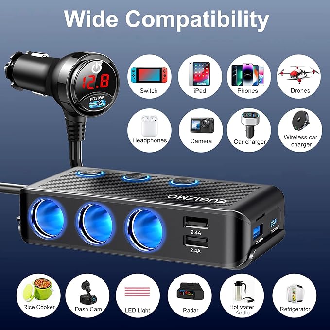 EUGIZMO Cigarette Lighter Adapter, 222W 3 Socket Car Cigarette Lighter Plug USB Charger Multi Port 12V Car Plug Outlet Splitter with LED Voltage Display Independent Switches