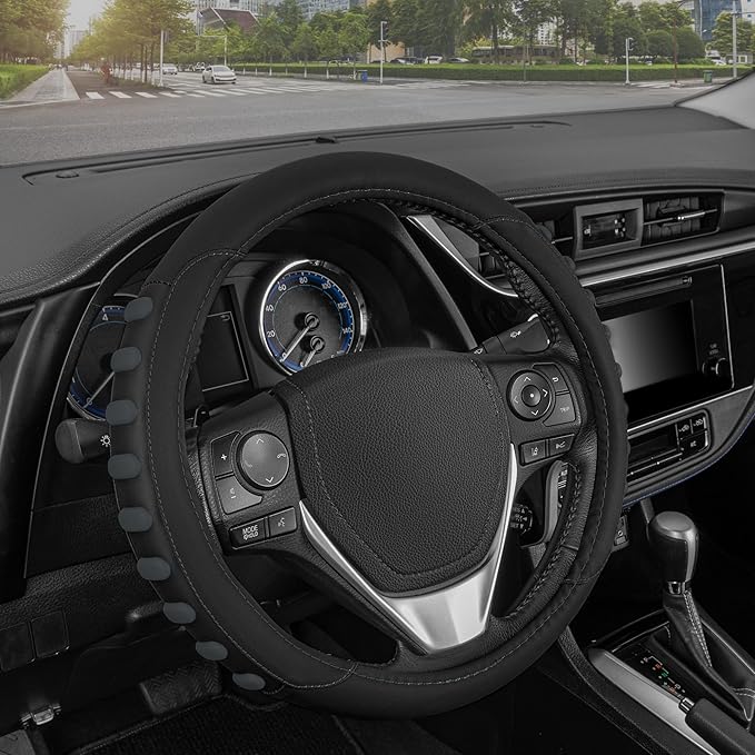 Motor Trend FlexGrip Steering Wheel Cover for Cars – Standard 15 inch Car Steering Wheel Cover, Black and Charcoal Gray Steering Wheel Protector for Auto Truck Van SUV