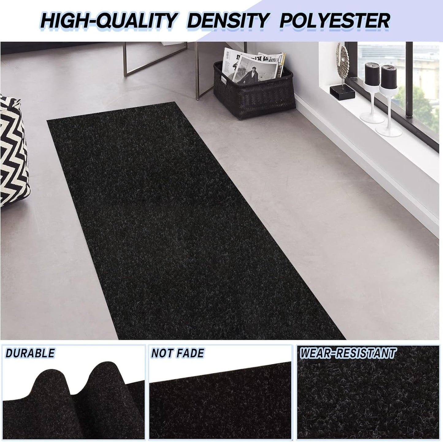 Custom Size Backed Non-Slip Area Rugs Runner, Easy Clean, Waterproof Runner Rugs for Hallway Entryway, Kitchen, Laundry, 4FT x 16FT, Black