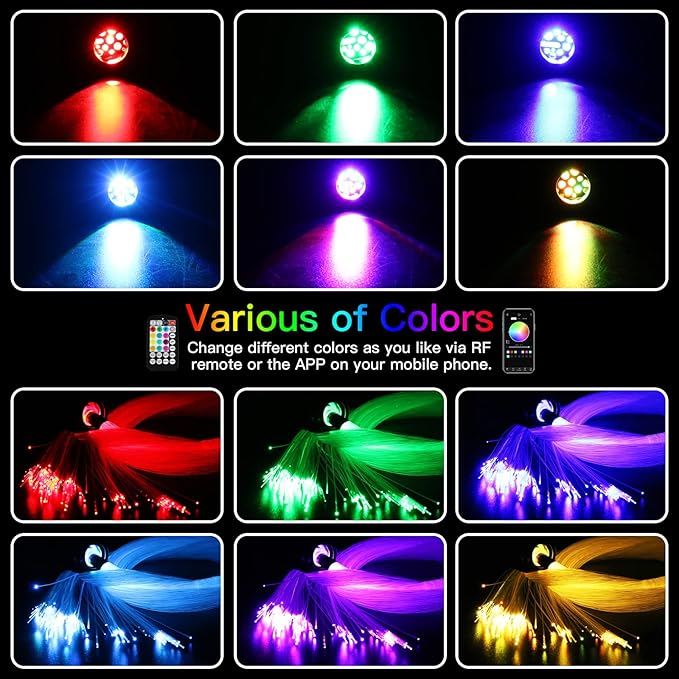AMKI Updated 16W RGBW Fiber Optic Light Twinkle+Sound Activated Mixed 375pcs 9.8ft Cables APP Remote Music Control Car Home Starlight Headliner Star Ceiling Light Kit 0.03in 0.04in 0.06in Strands
