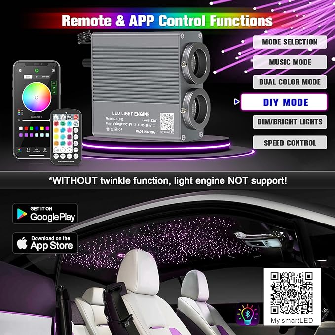 32W Starlight Headliner Kit, Star Lights for Car Roof&Home Decoration, Fiber Cable 1000pcs*0.03in*13.1ft RGBW Star Light Headliner with Bluetooth APP/Remote Control/Music Mode