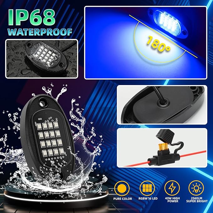 4 Pods Segmented RGB LED Rock Lights for ATV Golf Cart RZR SXS UTV Truck Pickup, Waterproof Multicolor Underglow Kit with APP/RF Remote Multi Zone Control Sync Music Mode Neon Underbody Lights 12V