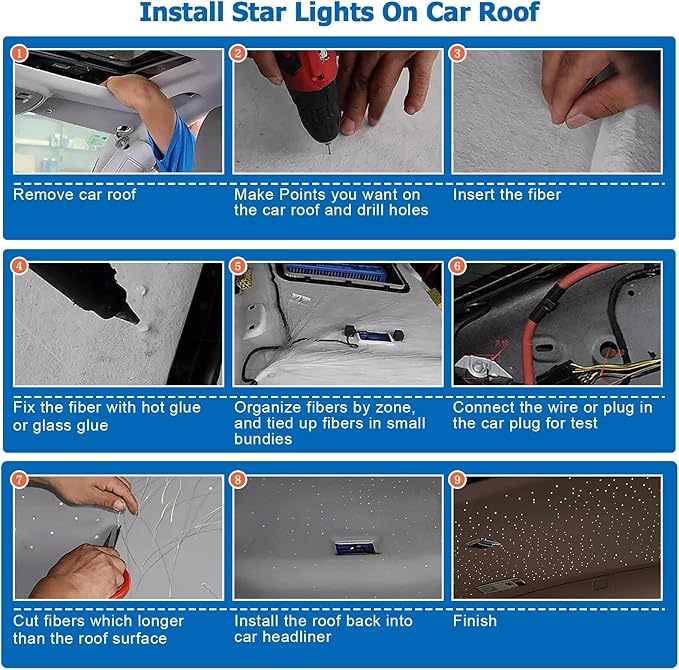 AMKI Mini 6W Starlight Headliner Kit 500pcs 0.03in 9.8ft,Twinkle+Sound Activated Fiber Optic Light 4Lamp Beam Starlight Box APP/Remote Control for Car Home Star Ceiling Decoration