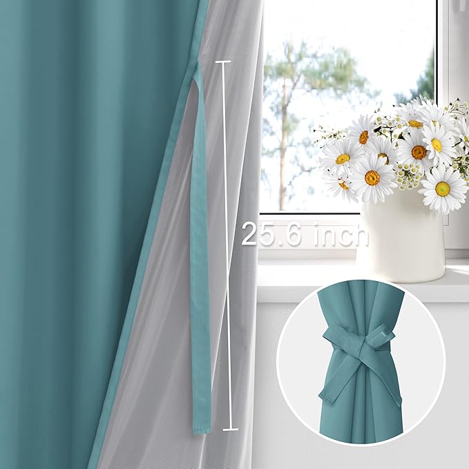 XWZO 100% Blackout Curtains - Thermal Insulated Black Liner Curtains, Noise Reducing and Heat Blocking Drapes for Hall and Studio Windows with Tiebacks, Stone Blue, W38 x L72, Set of 2