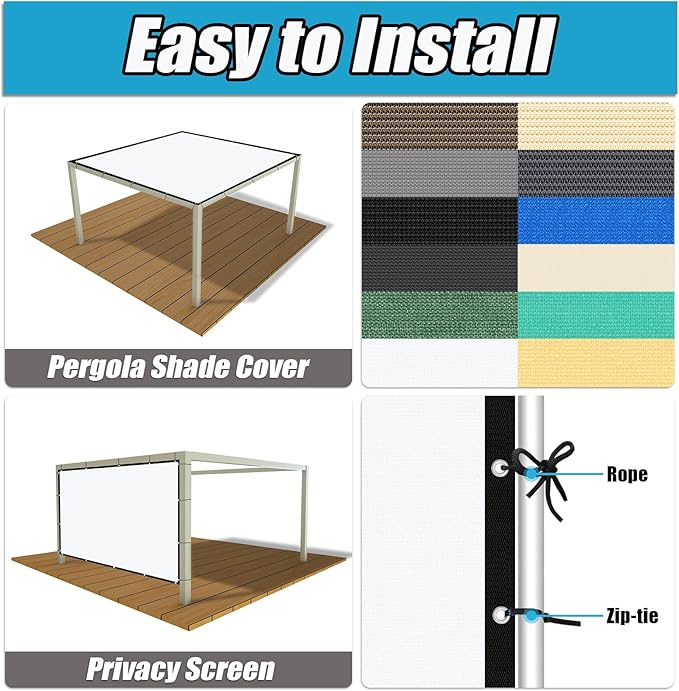 Amagenix 90% Pergola Shade Cover 7' X 8' Sun Shade Cloth with Grommets for Outdoor Garden Patio Porch, Commercial Grade 200 GSM - Cable Zip Ties Included (We Customized) GN108, White