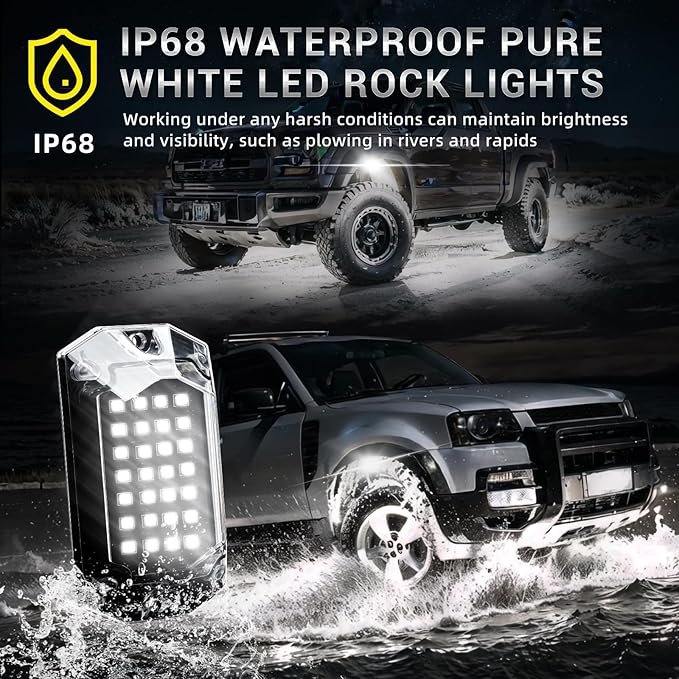 16 Pods Full Angle Pure White LED Rock Lights with Extension Wires, IP68 Waterproof 6500K 28 LEDs Super Bright White Neon Underglow Kit for Trucks Trailer Offroad Pickup Boat RV SUV UTV ATV