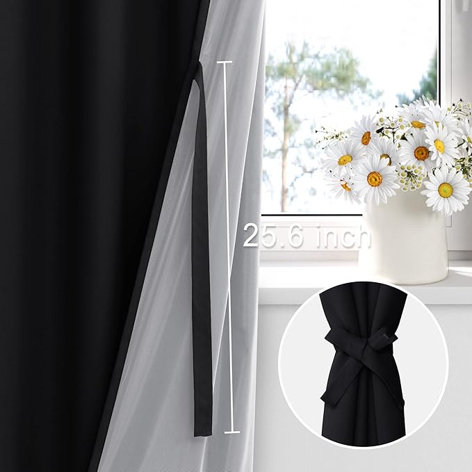XWZO 100% Blackout Curtain Panels - Extra Wide Thermal Insulated Black Liner Curtains, Noise Reducing and Heat Blocking Drapes for Hall and Studio Windows with Tiebacks, Black, W70 x L63, Set of 2