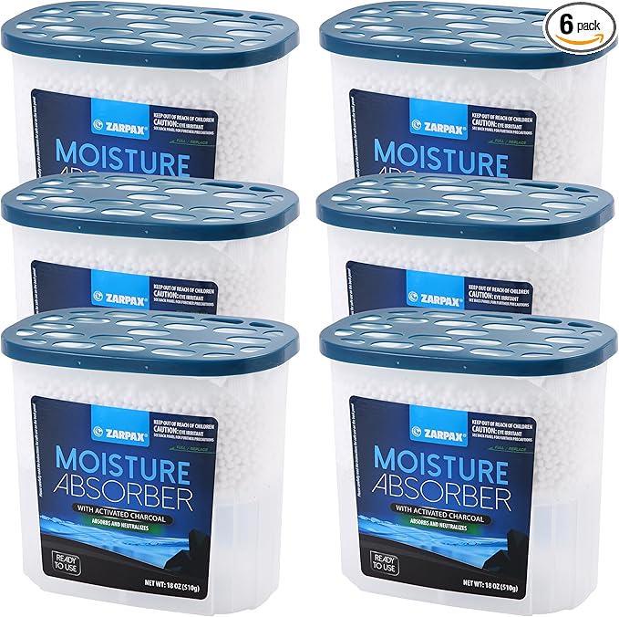 ZARPAX Moisture Absorber Activated Charcoal 18 oz/510g | Removes Moisture, Damp, Humidity & Odors | Odor Absorber | Moisture Trap for Bathroom, Closet, Kitchen & Small Spaces | Set of 6