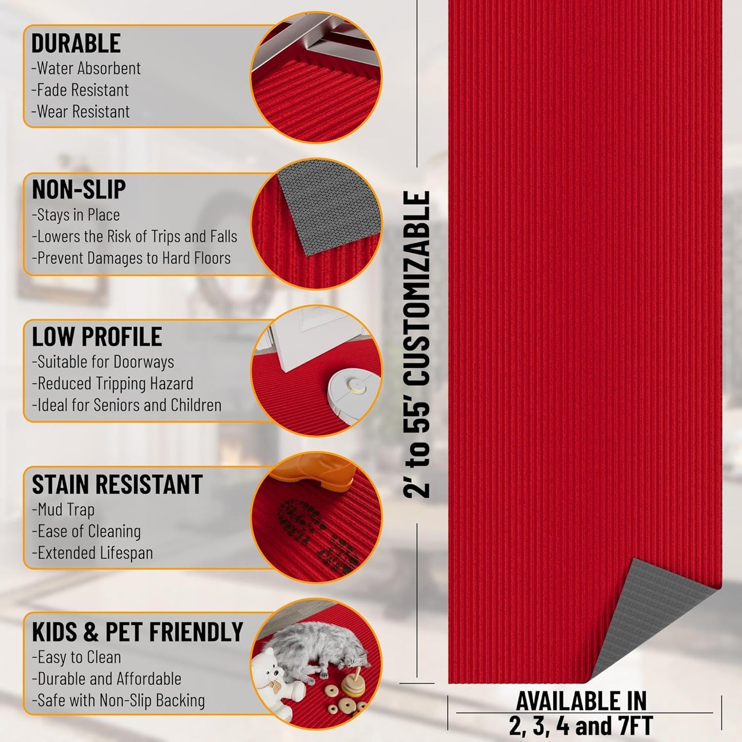 Ottomanson 2' x 13' Hallway Runner with Scraper Pile - Extra Durable Non-Slip Rug Mat for Indoor & Outdoor Use - Ideal for Kitchen, Entryway, Patio & Garage - High-Traffic Carpet, Red