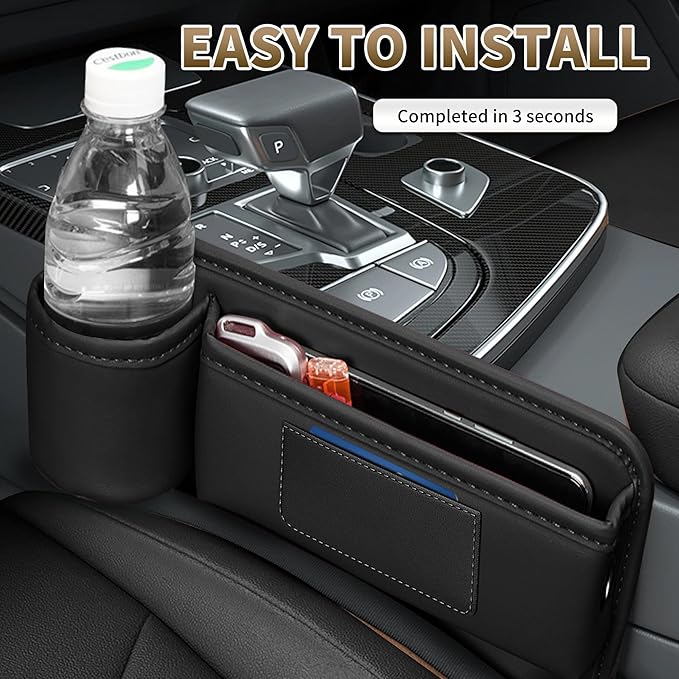 Kwak's Car Seat Gap Filler Organizer (2PC) – Fits 0.2"-1.2" Gap Premium Leather Car Console Organizer for Phone/Keys – Universal Front Seat Organizer for Car SUV Truck (Black)