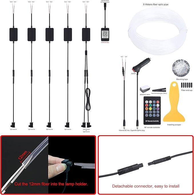 Car Interior Ambient Lighting Optic Fiber RGB 64 Colors Multicoloured Music Car Footwell Lighting Kit with Cigarette Lighter and App Microphone, 12-24V 8m