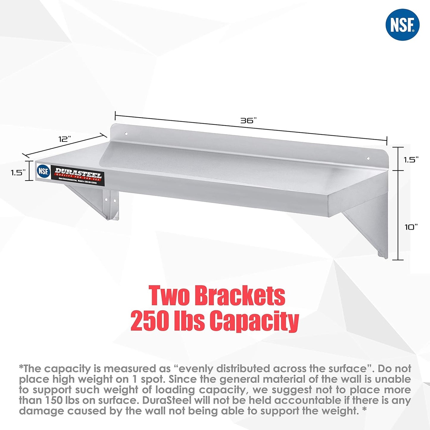 DuraSteel Stainless Steel Wall Shelf - 36" Wide x 12" Deep Commercial Grade - NSF Certified - Industrial Appliance Equipment (Restaurant, Bar, Home, Kitchen, Laundry, Garage and Utility Room)
