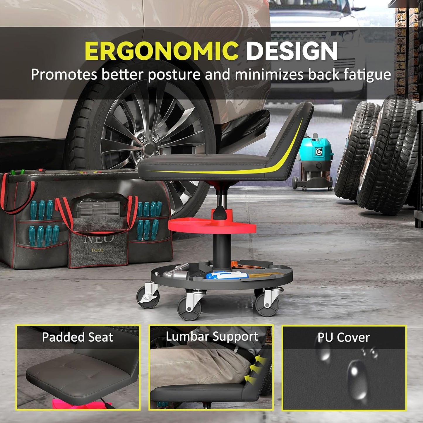 HOMCOM Rolling Mechanic Stool, 300 LBS Capacity Pneumatic Creeper Garage Stool with 360° Wheels, Backrest, Heavy Duty Roller Seat Padded Shop Chair with Tool Tray Storage, Adjustable Height, Black