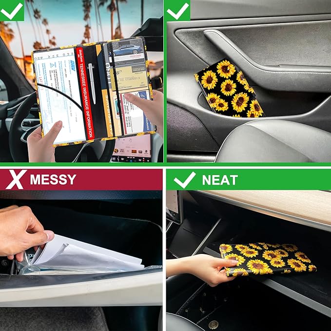 RSAquar Car Registration & Insurance Holder - Leather Glove Box Organizer, Cool Accessories for ID, Driver's License Cards & Essential Documents, Men & Women, Sunflower