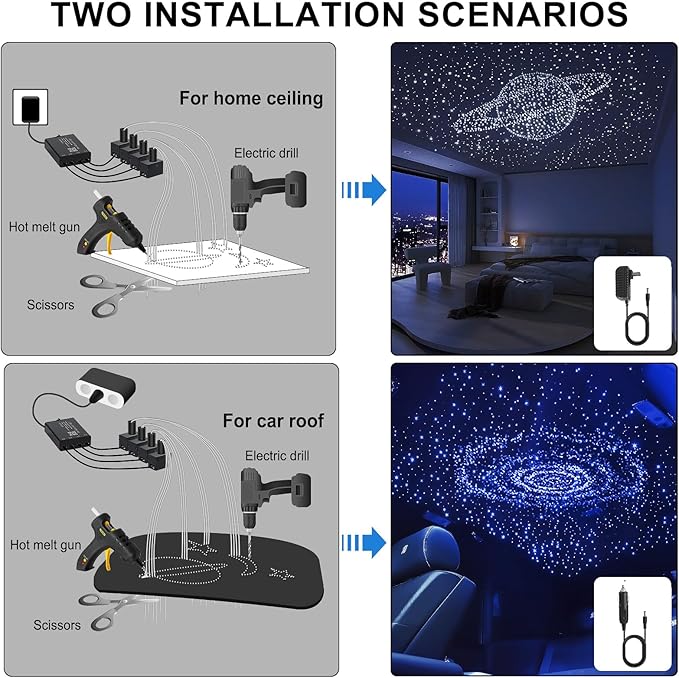 Split 4 Colors 12W Car Starlight Headliner Slim Kit 860pcs*0.02in*9.8ft with APP&RF Remote,RGBW Fiber Optic Starlight Kit,4 Port Engine Sound Activated Star Lights for Ceiling Car Roof/Home Decor
