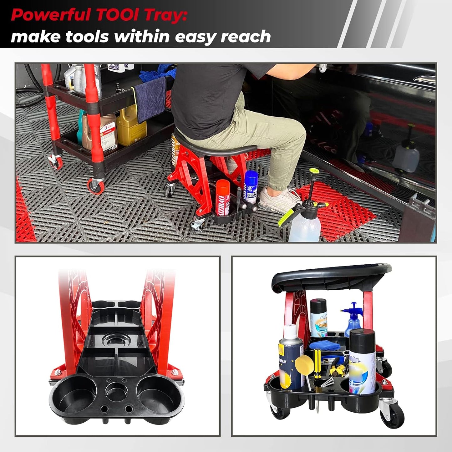 ROBLOCK Durable Mechanic Stool Chair With Wheels, Heavy Duty Garage Shop Rolling Seat, Car Detailing Creeper With Tool Tray for Workshop, Auto Repair Shop and Home