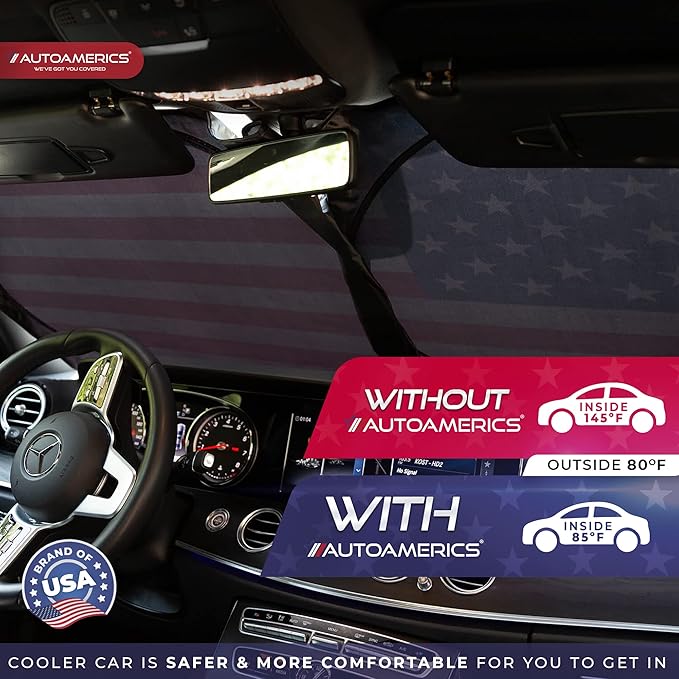 Autoamerics 1-Piece Windshield Sun Shade Original American Flag USA Patriotic Design - Foldable Car Front Window Sunshade for Sedans SUV Truck - Blocks Max UV Rays and Keeps Your Vehicle Cool - Medium