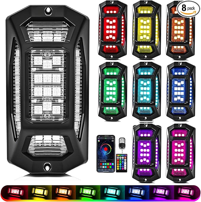8 Pods 5-Sides Full Angle RGB LED Rock Lights High Brightness 36 Beads RGB 5050 IP68 Waterproof Underglow Multicolor Zone Neon Exterior Rock Lights for 12V Trucks Jeep UTV ATV RZR Offroad Pickup SUV