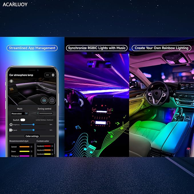 Acrylic Car LED Ambient Light, Fiber Optic Interior Light Strip, 24 Million Types, Ambient Light KKT that Swings with The Melody of Music (Dreamcolor 10 in 1)