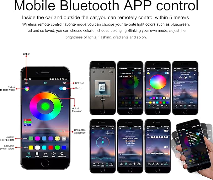 Car Interior Ambient Lighting Optic Fiber RGB 64 Colors Multicoloured Music Car Footwell Lighting Kit with Cigarette Lighter and App Microphone, DC 12V-24V 1W 4m