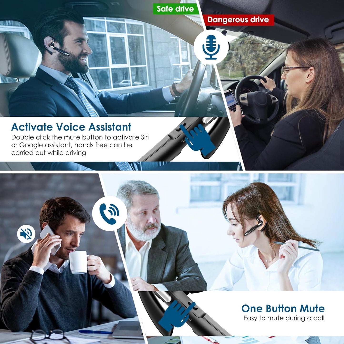 Bluetooth Headset, Wireless Bluetooth Earpiece V5.0 Hands-Free Earphones with Built-in Mic for Driving/Business/Office, Compatible with iPhone and Android (Black)